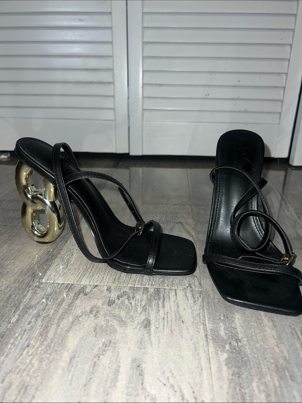 Black Strappy Heeled Sandals with Gold Sculpted Heel